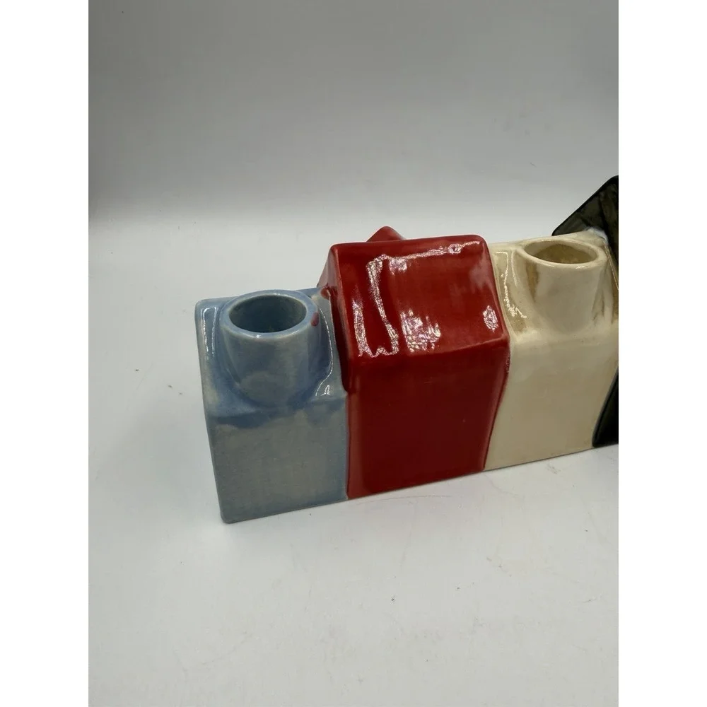 NWT Re White Blue Ceramic Candle Holder Row of Houses 9